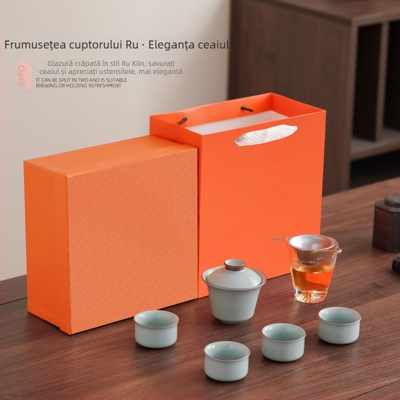 Set de ceai din porțelan, set mic în cutie cadou cu boluri de ceai cu capac și căni, stil modern minimalist, pentru 6 persoane