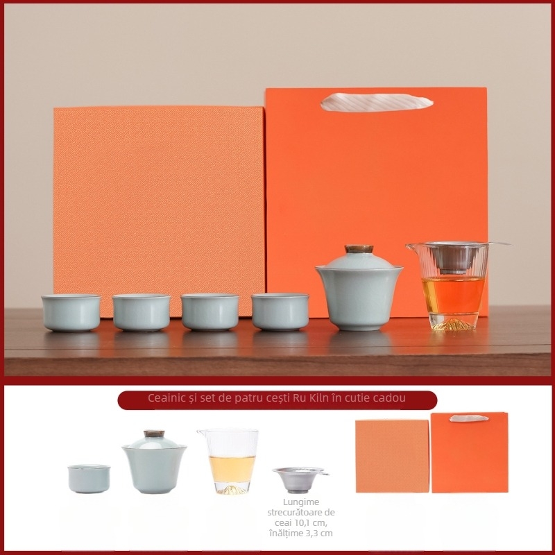 Set de ceai din porțelan, set mic în cutie cadou cu boluri de ceai cu capac și căni, stil modern minimalist, pentru 6 persoane