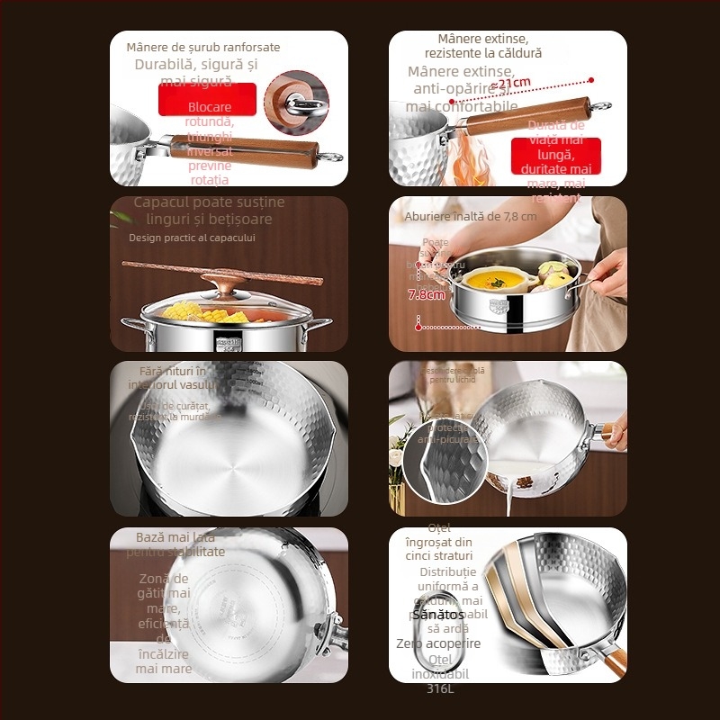 Oală Yukihira din oțel inoxidabil 316L, cu mai multe straturi, neacoperită, pereți groși, pentru lapte și mâncare pentru sugari, gătire la aburi, gătit de tăiței și supă