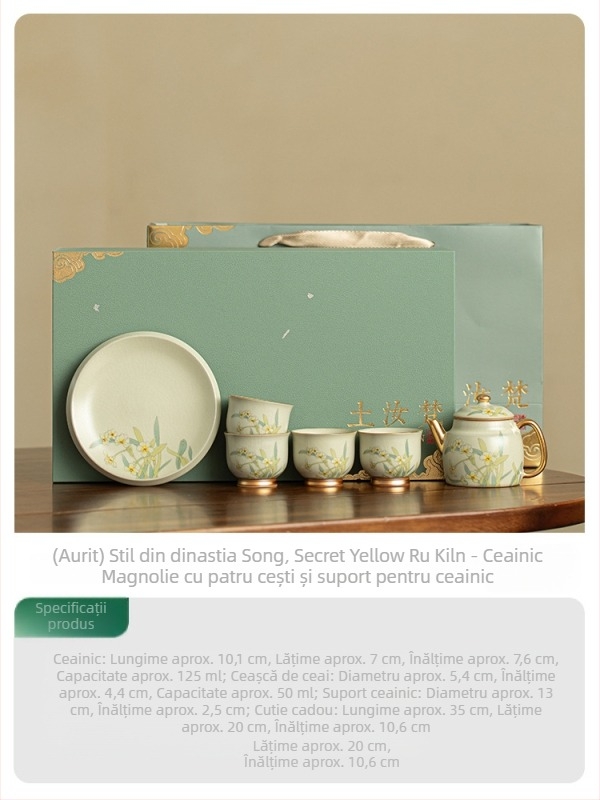 Set ceainic și cești Ru kiln, cu accente aurii, stil chinezesc, lux discret, glazură crackle, set cadou