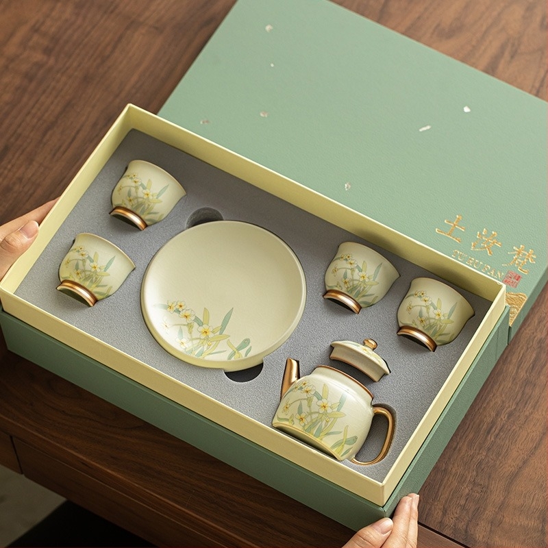 Set ceainic și cești Ru kiln, cu accente aurii, stil chinezesc, lux discret, glazură crackle, set cadou
