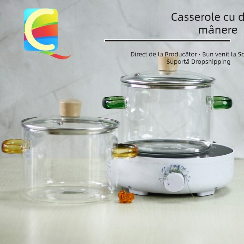 Oală de sticlă transparentă, îngroșată, rezistentă la temperaturi înalte, cu capac, fund simplu, pentru utilizare casnică, potrivită pentru aragaz gaz, pentru supă, ulei și tăiței instant