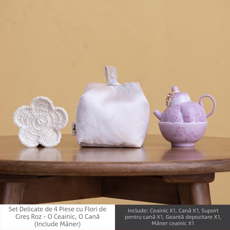Set ceai ceramic pictat manual, roz Sakura, sub glazură: o oală de ceai și o ceașcă, set de călătorie portabil cu husă din pânză