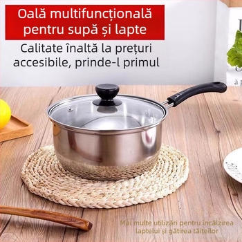 Oală de lapte din oțel inoxidabil 304, fund gros, capac din sticlă, oală mică versatilă pentru terci și supe