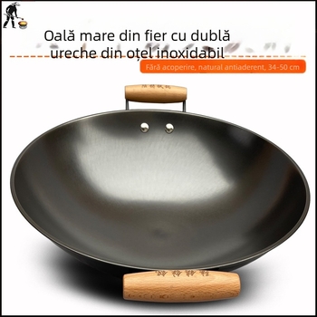 Wok din fontă cu două mânere, netencuit, bază rotundă, îngroșat, capacitate mare pentru prăjit