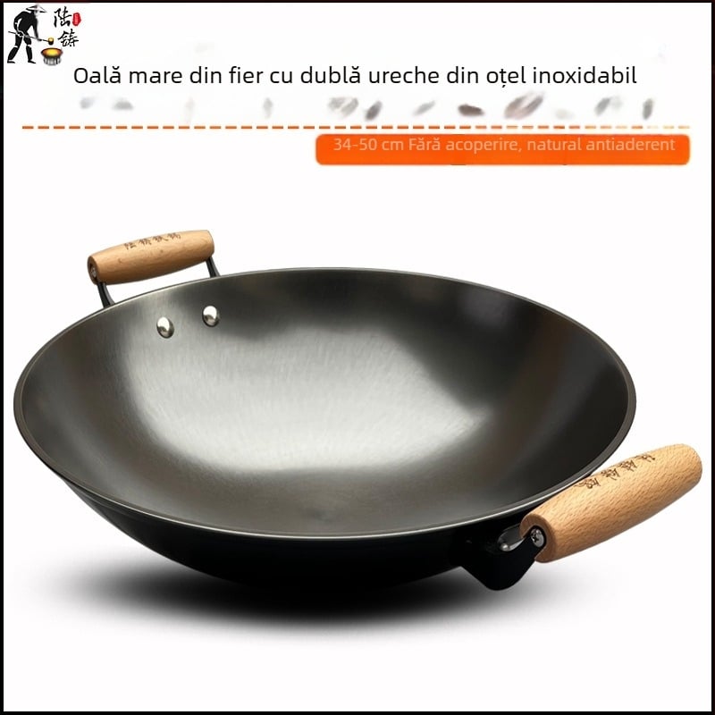 Wok din fontă cu două mânere, netencuit, bază rotundă, îngroșat, capacitate mare pentru prăjit