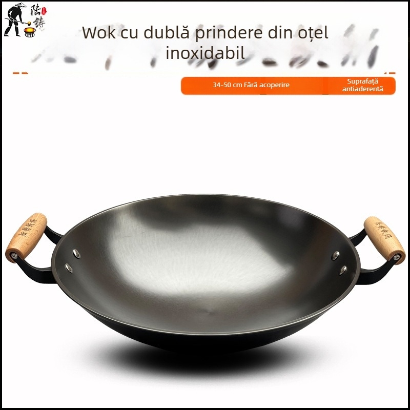 Wok din fontă cu două mânere, netencuit, bază rotundă, îngroșat, capacitate mare pentru prăjit