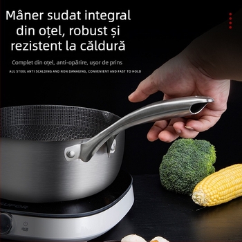 Oală de lapte din oțel inoxidabil, cu acoperire antiaderentă în model fagure, fund plat, cu capac, pentru uz general, dimensiuni 18–24 cm