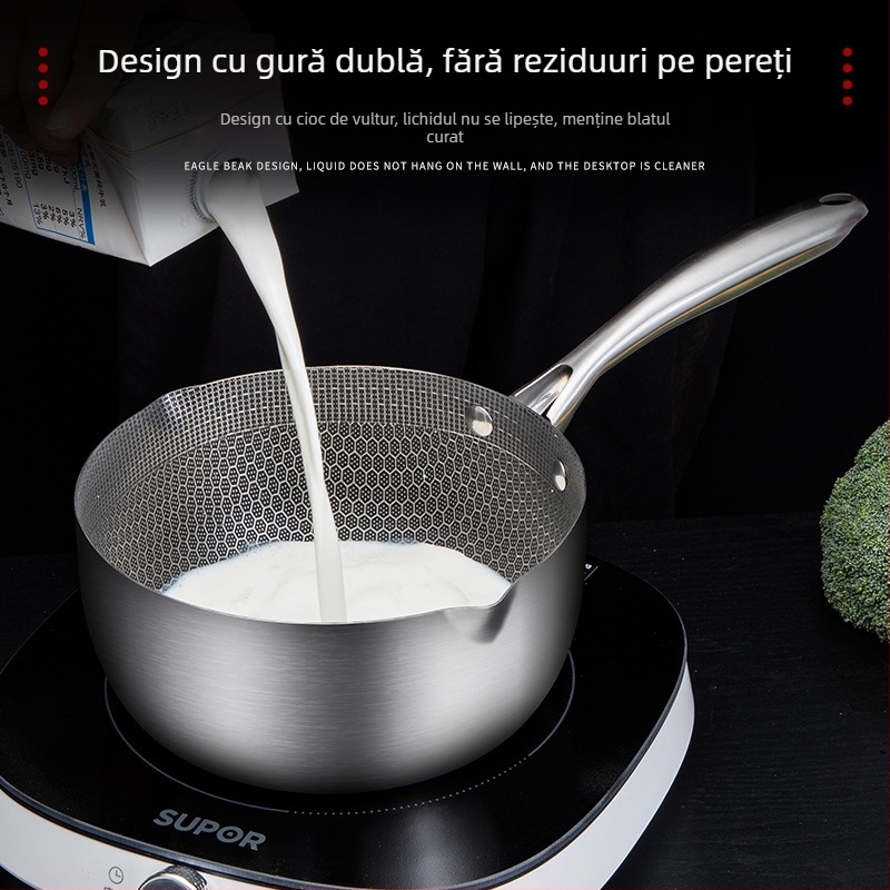 Oală de lapte din oțel inoxidabil, cu acoperire antiaderentă în model fagure, fund plat, cu capac, pentru uz general, dimensiuni 18–24 cm