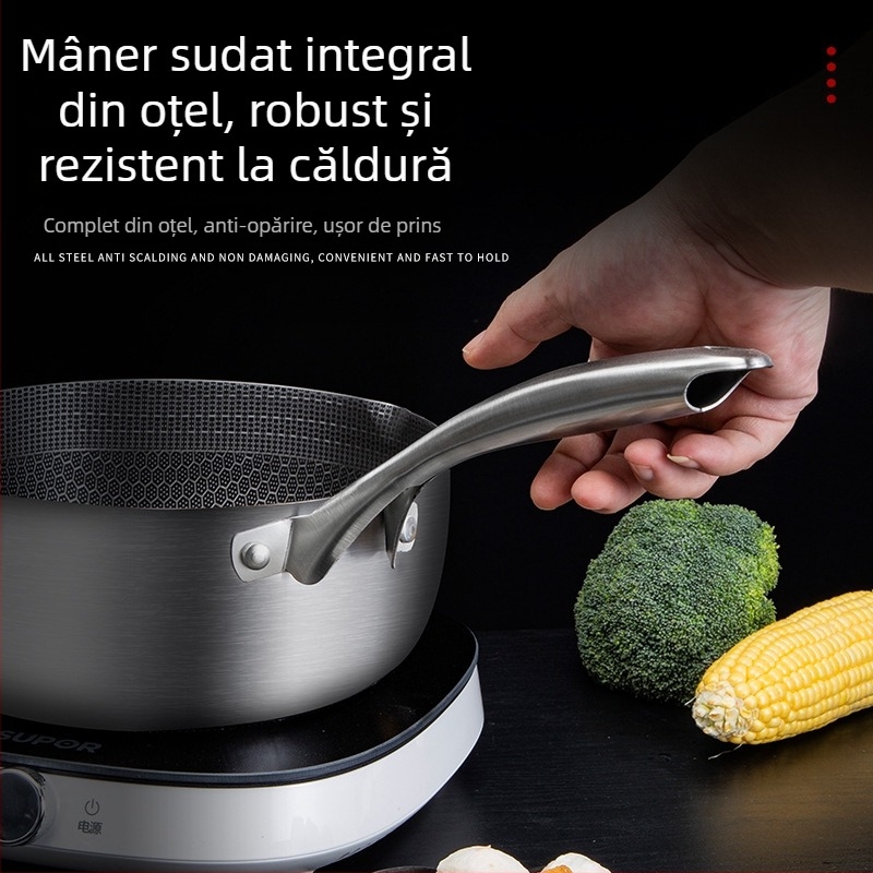 Oală de lapte din oțel inoxidabil, cu acoperire antiaderentă în model fagure, fund plat, cu capac, pentru uz general, dimensiuni 18–24 cm