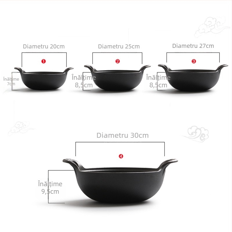 Wok din fontă în formă de lingou, netencuit, oală de gătit groasă în stil vechi, cu capac din sticlă și mâner dublu, pentru uz casnic