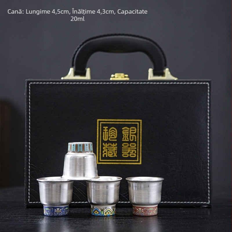 Set cadou: ceașcă de ceai din argint 999 placat cu aur și pahar de vin, ceramică – set de ceai elegant