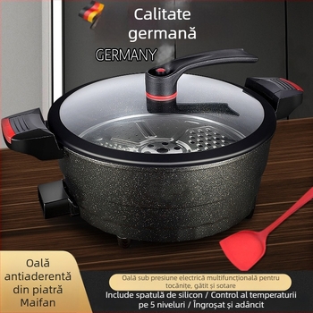 Wok electric multifuncțional cu piatră Maifan, strat antiaderent, capac din sticlă, diametru 32 cm, bază din aluminiu
