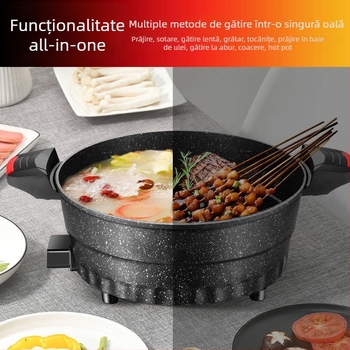 Wok electric multifuncțional cu piatră Maifan, strat antiaderent, capac din sticlă, diametru 32 cm, bază din aluminiu