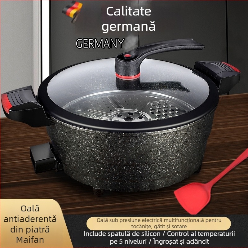 Wok electric multifuncțional cu piatră Maifan, strat antiaderent, capac din sticlă, diametru 32 cm, bază din aluminiu