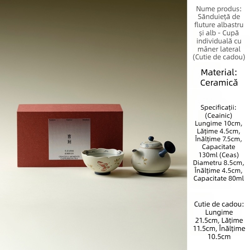 Set ceramic Gongfu pentru ceai, ceainic și ceașcă, design albastru-alb, în cutie cadou, personalizabil