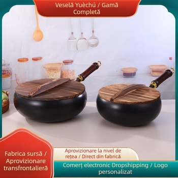 Wok din fontă pentru uz casnic, lucrat manual, fără strat, diametru 28 cm
