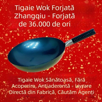Wok forjat manual, neacoperit, anti-aderent, cu model de solzi de pește, într-o cutie cadou
