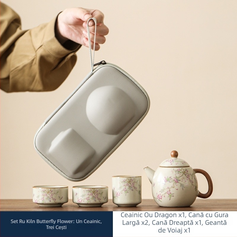 Set de ceai pentru drumeții în aer liber: 1 ceainic și 3 cești, servis ceramic portabil