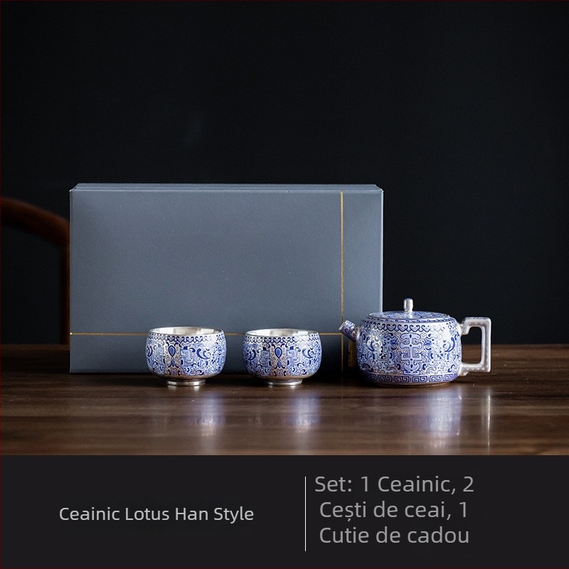 Zheng Liqing Ceai Gongfu argintiu cu design în ramuri de lotus – set ceai premium, stil retro Guofeng, ceainic și cești pentru cadou