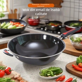 Tigaie emailată antiaderentă, 34 cm, potrivită pentru aragaz cu gaz și plită cu inducție, cu capac de sticlă, personalizare disponibilă