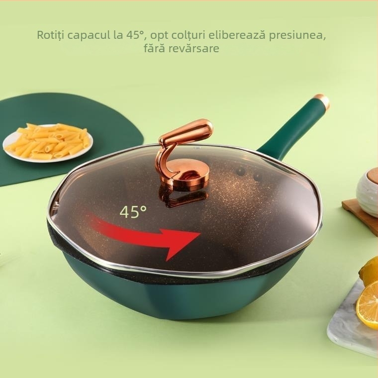 Wok octogonal antiaderent cu piatră Maifan pentru plite cu inducție și gaz, utilizare casnică