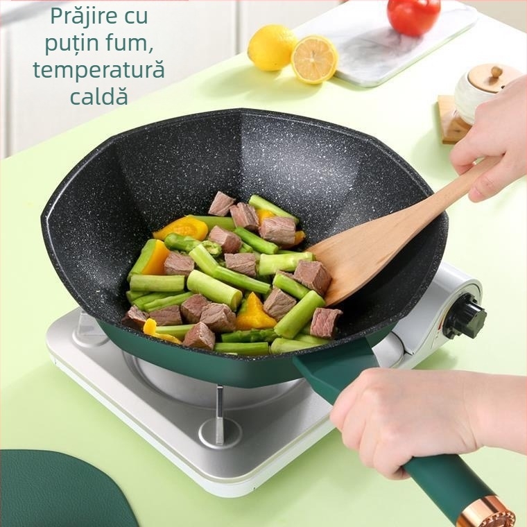 Wok octogonal antiaderent cu piatră Maifan pentru plite cu inducție și gaz, utilizare casnică