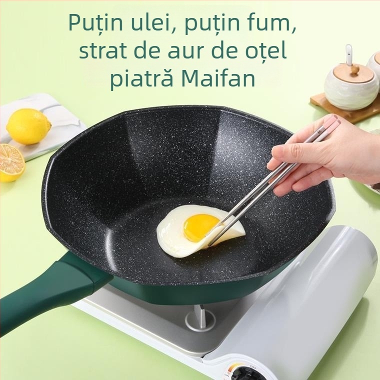 Wok octogonal antiaderent cu piatră Maifan pentru plite cu inducție și gaz, utilizare casnică
