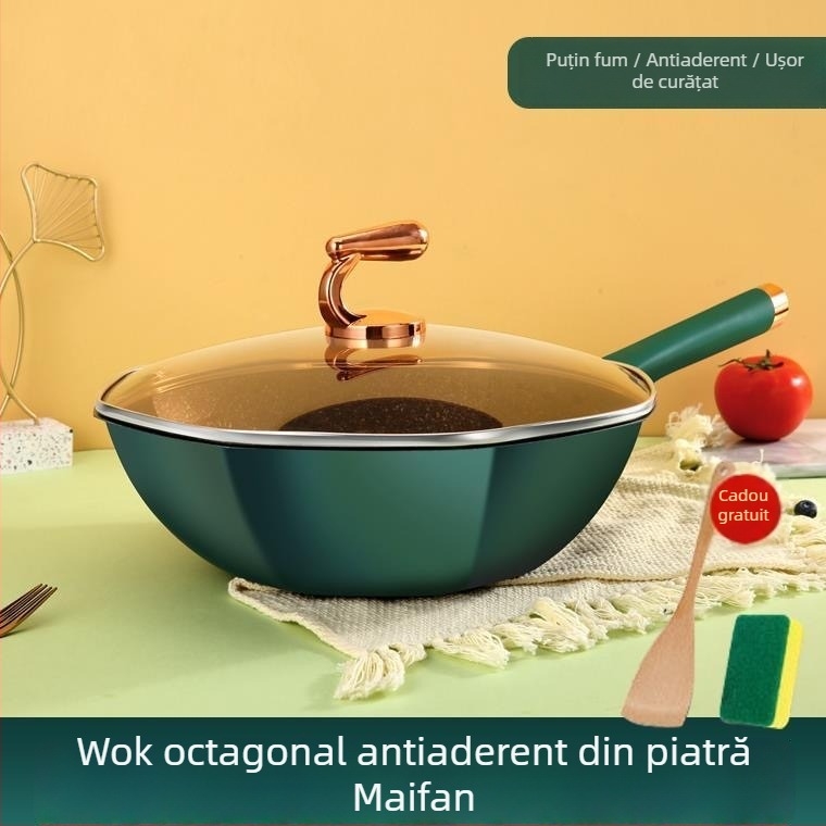 Wok octogonal antiaderent cu piatră Maifan pentru plite cu inducție și gaz, utilizare casnică