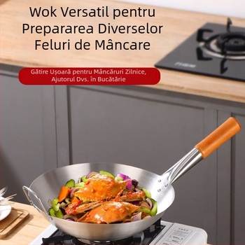 Wok din oțel inoxidabil, cu mâner unic, ultralarg și gros, potrivit pentru plită cu fund rotund, stil chinezesc de prăjit