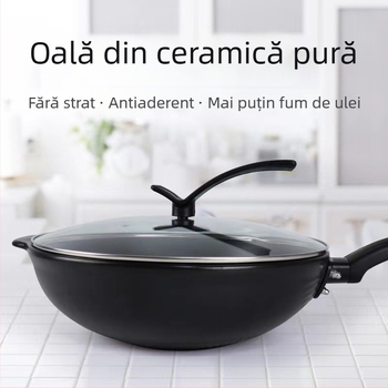 Kang Yuchu wok ceramic și tigaie, fără strat, cu fum redus, ceramică pură, potrivit pentru plită cu gaz