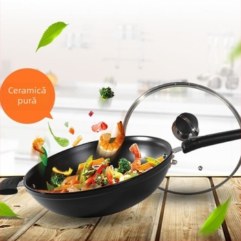 Kang Yuchu wok ceramic și tigaie, fără strat, cu fum redus, ceramică pură, potrivit pentru plită cu gaz