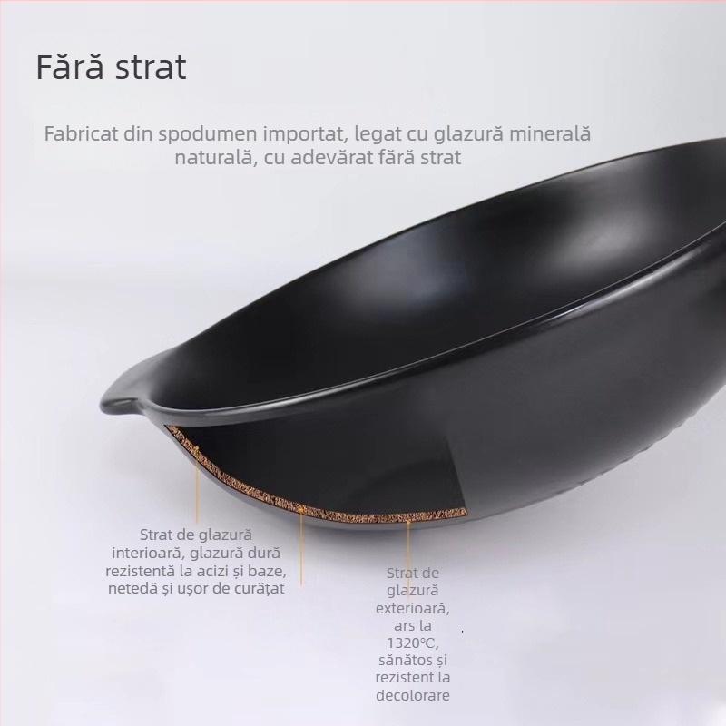 Kang Yuchu wok ceramic și tigaie, fără strat, cu fum redus, ceramică pură, potrivit pentru plită cu gaz