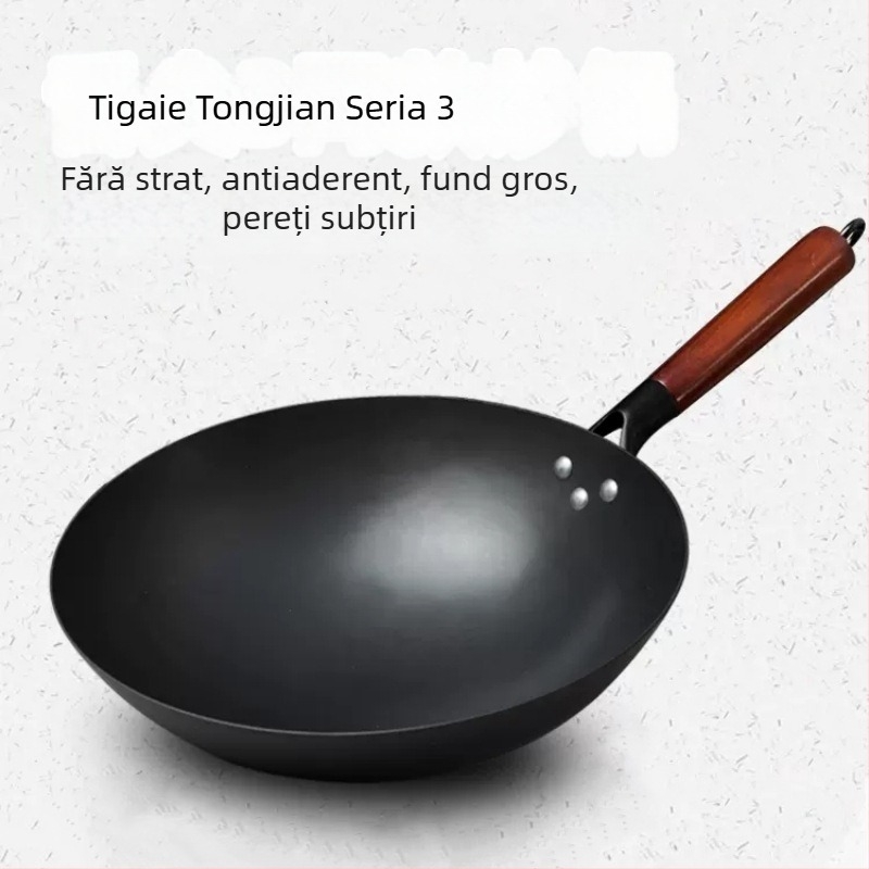 Wok din oțel de carbon, fără acoperire, tigaie pentru plită cu gaz, stil chinezesc