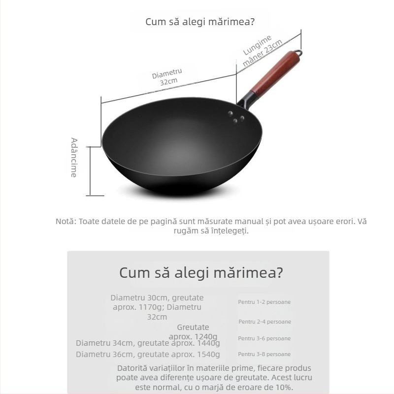 Wok din oțel de carbon, fără acoperire, tigaie pentru plită cu gaz, stil chinezesc