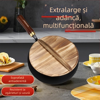 Wok mic din fier cu capac din lemn, rezistent la zgârieturi, neacoperit, tradițional cu bazin lat