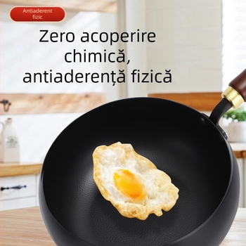 Wok mic din fier cu capac din lemn, rezistent la zgârieturi, neacoperit, tradițional cu bazin lat