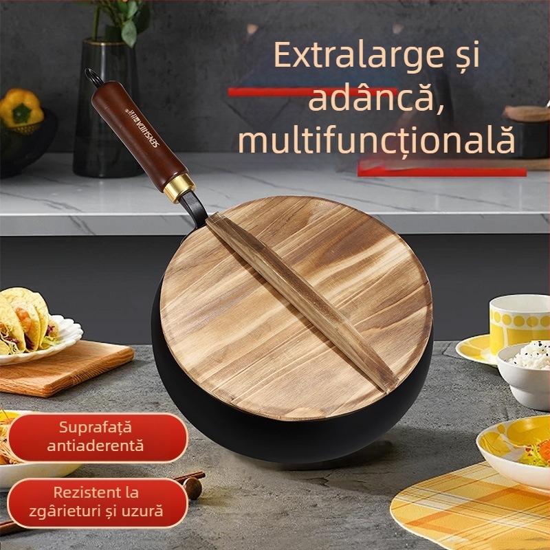 Wok mic din fier cu capac din lemn, rezistent la zgârieturi, neacoperit, tradițional cu bazin lat