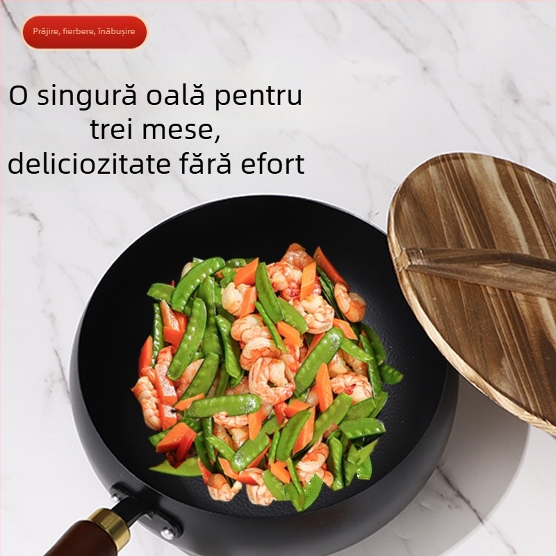 Wok mic din fier cu capac din lemn, rezistent la zgârieturi, neacoperit, tradițional cu bazin lat
