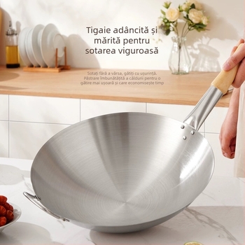 Wok din oțel inoxidabil cu mâner din lemn, bază rotundă, pentru uz în restaurante, capacitate mare, rezistent la coroziune
