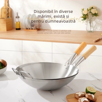 Wok din oțel inoxidabil cu mâner din lemn, bază rotundă, pentru uz în restaurante, capacitate mare, rezistent la coroziune
