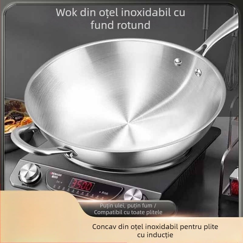 Tigaie din oțel inoxidabil, bază plată, compatibilă cu plita cu inducție, fără strat, fum redus, pentru ouă și clătite, antiaderent