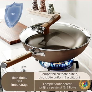 Tigaie din titan cu două fețe, cu acoperire din titan, antiaderent, fund plat, potrivit pentru aragaz cu gaz și plite cu inducție