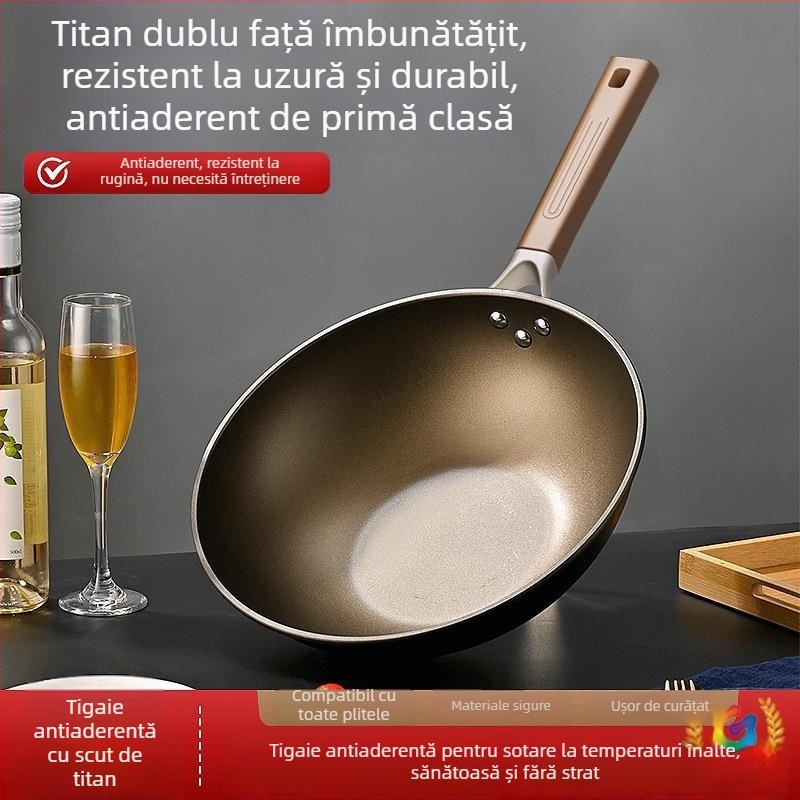 Tigaie din titan cu două fețe, cu acoperire din titan, antiaderent, fund plat, potrivit pentru aragaz cu gaz și plite cu inducție