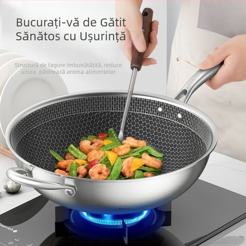 Wok din oțel inoxidabil cu structură fagure, fund plat, fără strat, bază cu mai multe straturi, compatibil cu plitele cu inducție și gaz