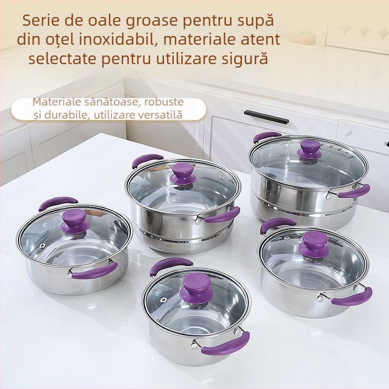 Maori Set oale de supă din oțel inoxidabil 410 – durabil, rezistent la căderi și la temperaturi înalte, capac din sticlă, pentru bucătărie, multi-funcțional, 3,1–4 L