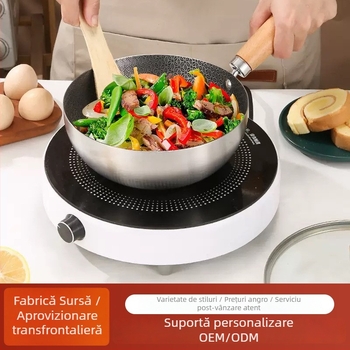 Wok din oțel inoxidabil pentru o persoană, cu mâner din lemn, fund plat, antiaderent, compatibil aragaz pe gaz