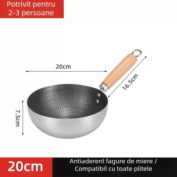 Wok din oțel inoxidabil pentru o persoană, cu mâner din lemn, fund plat, antiaderent, compatibil aragaz pe gaz
