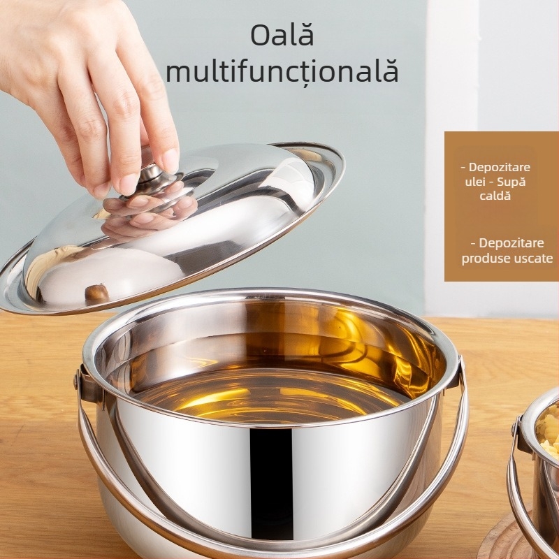 Oală de gătit din oțel inoxidabil cu capac, nemagnetică, multifuncțională, cu mâner din oțel și fund gros