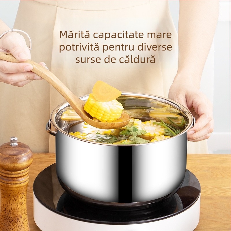 Oală de gătit din oțel inoxidabil cu capac, nemagnetică, multifuncțională, cu mâner din oțel și fund gros